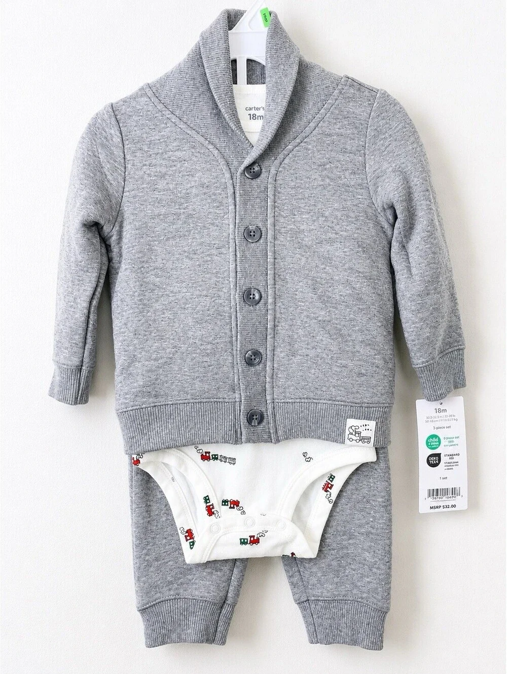 Carter's Baby Boys 3 Piece Outfit Set 18M Gray Cardigan Bodysuit Pants NWT